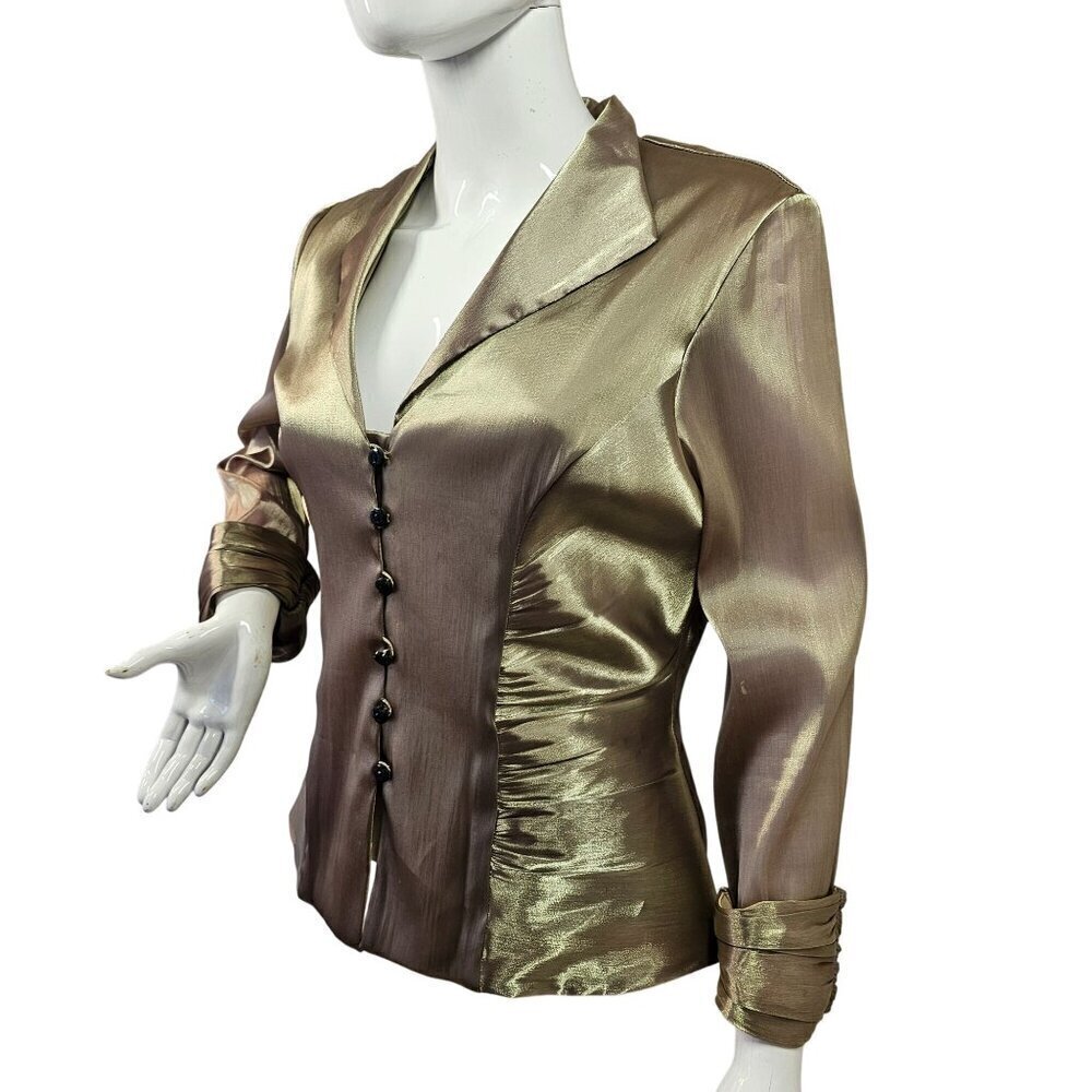 Xscape Shimmer Mint Metallic ButtonUp Evening Top Women 14 Ruched Detail 3/4 Slv